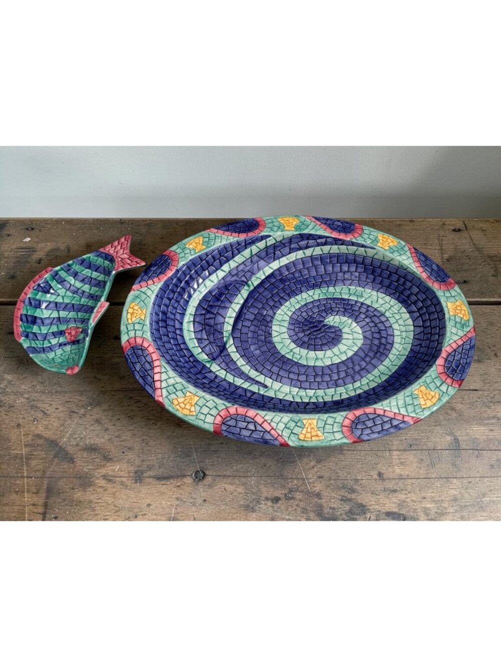Clay Art Mosaic Fish Serving Platter & Bowl Set Vibrant Multicolor Ceramic Coast